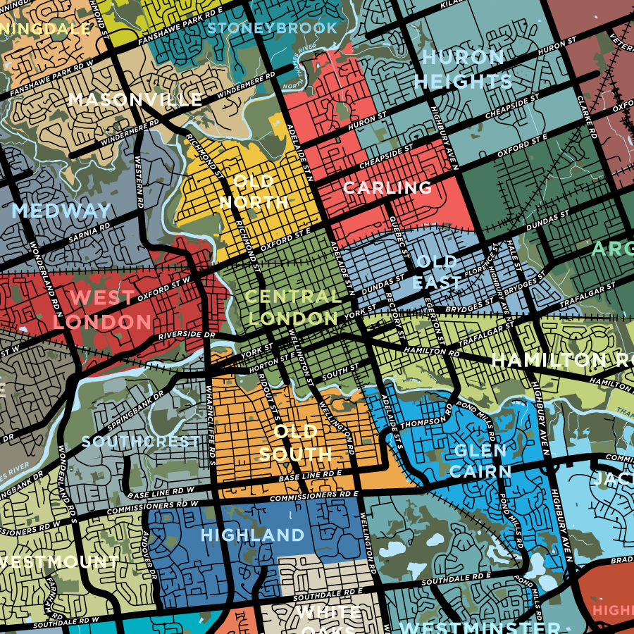 London Neighbourhoods Map Print - Detailed Version